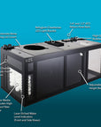 The Innovative Marine -INT 200 Gallon Complete Reef System (Made to Order) features a black sump with labeled parts on a blue background, polycarbonate lids, a Chaetomax LED light bracket, PVC bulkheads, an adjustable water height baffle, and reinforced acrylic construction for saltwater reefs.