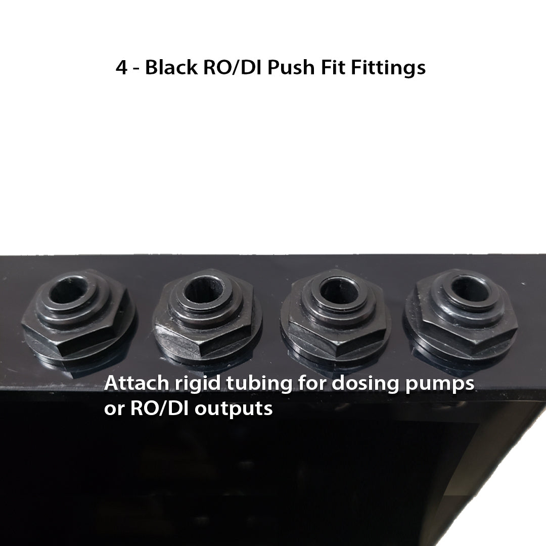 Four black fittings in a row on a surface. Text: Attach tubing for pumps or RO/DI outputs, ideal for Innovative Marine -INT 200 Gallon Complete Reef System.