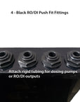 Four black fittings in a row on a surface. Text: Attach tubing for pumps or RO/DI outputs, ideal for Innovative Marine -INT 200 Gallon Complete Reef System.