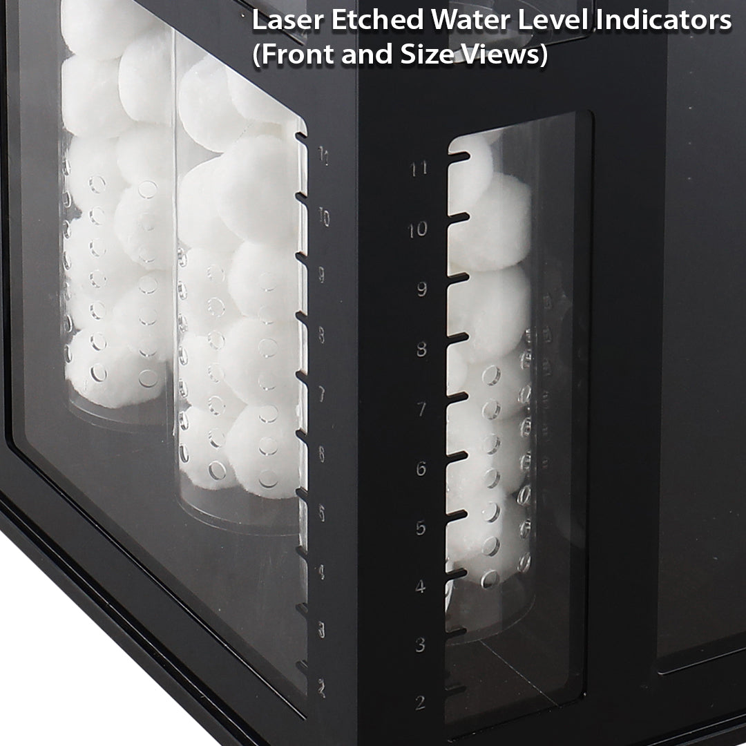 A black container with clear panels displays laser-etched water level indicators, ideal for the Innovative Marine -INT 200 Gallon Complete Reef System. Inside are two vertical tubes filled with white spheres. The top text reads, Laser Etched Water Level Indicators (Front and Side Views).