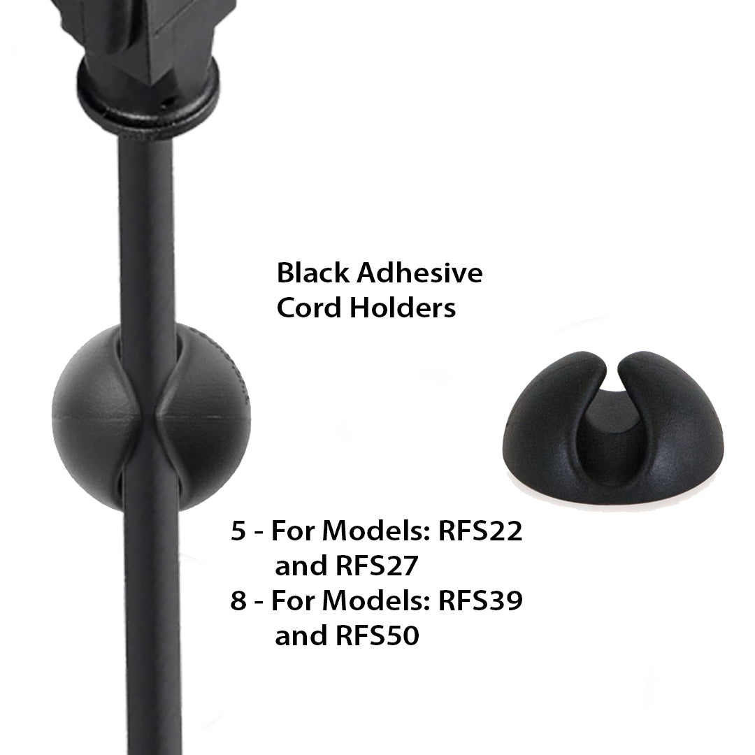 Image of black adhesive cord holders. One is shown mounted on an aquarium stand holding a cord, and another is displayed separately. Text indicates compatibility: 5 for models RFS22 and RFS27, 8 for models RFS39 and RFS50 by Innovative Marine -INT 200 Gallon Complete Reef System (Made to Order).