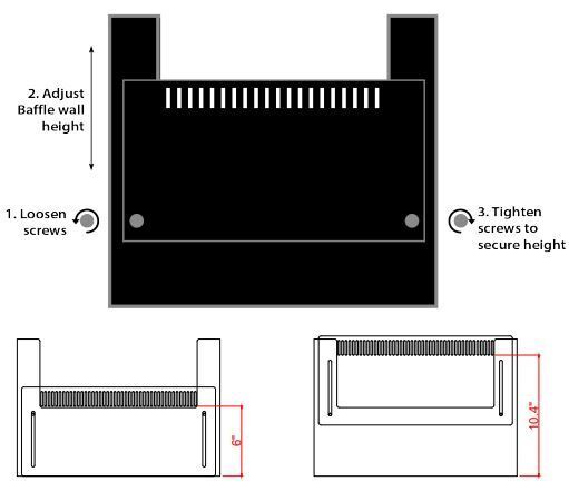 Diagram showing steps to adjust a baffle wall height in the Innovative Marine -INT 200 Gallon Complete Reef System. Top image: Loosen adjustment screws. Bottom left: Side view of 9-inch height. Bottom right: Front view with a 10.4-inch width, perfect for Saltwater Reef Systems or Aquarium Stands.