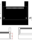 Diagram showing steps to adjust a baffle wall height in the Innovative Marine -INT 200 Gallon Complete Reef System. Top image: Loosen adjustment screws. Bottom left: Side view of 9-inch height. Bottom right: Front view with a 10.4-inch width, perfect for Saltwater Reef Systems or Aquarium Stands.