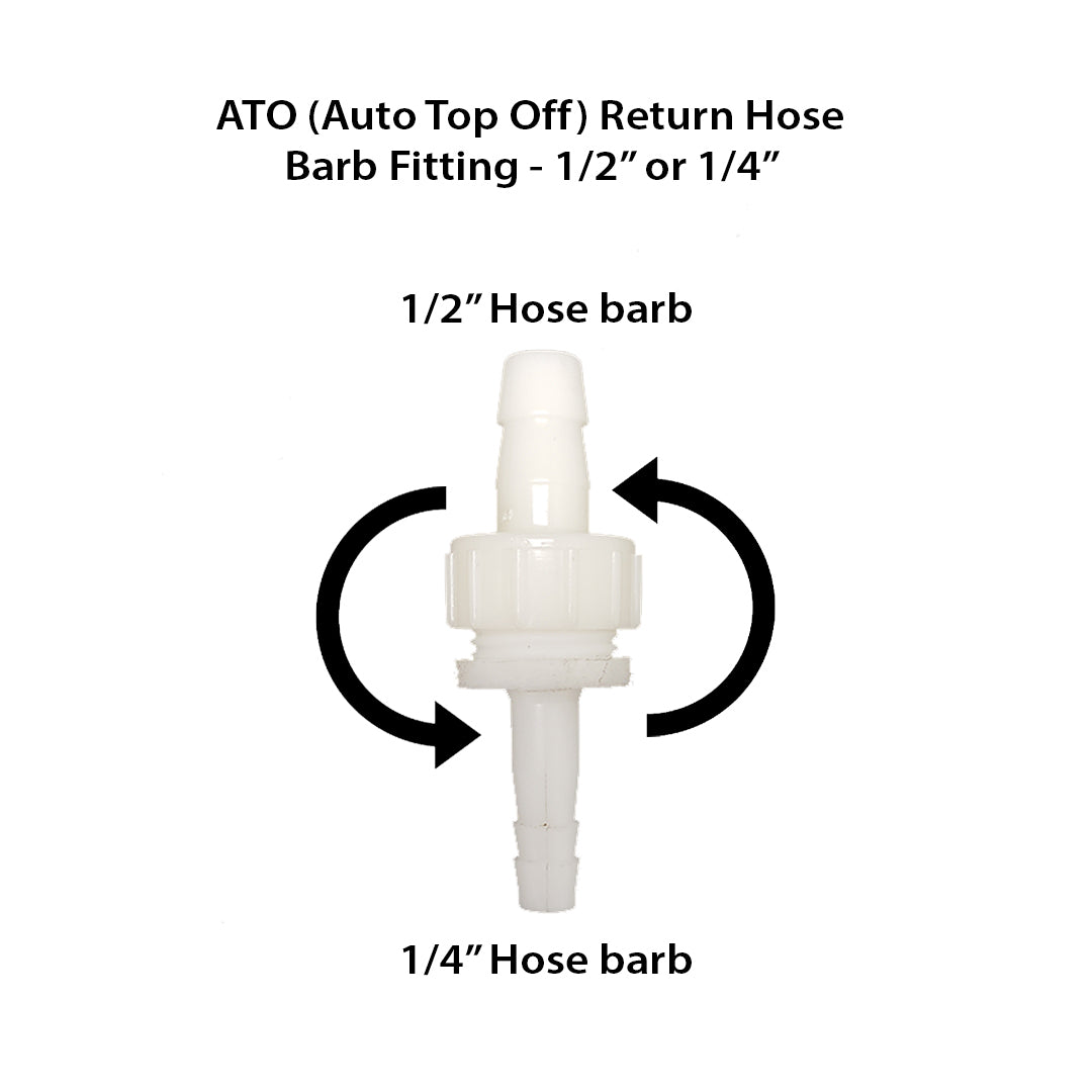 A diagram of an ATO return hose barb fitting for the Innovative Marine INT 170 Gallon Reef System shows a white fitting with two labeled ends: 1/2” Hose barb on top and 1/4” Hose barb on bottom, with arrows indicating flow, ideal for a saltwater aquarium setup.