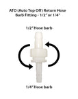 A diagram of an ATO return hose barb fitting for the Innovative Marine INT 170 Gallon Reef System shows a white fitting with two labeled ends: 1/2” Hose barb on top and 1/4” Hose barb on bottom, with arrows indicating flow, ideal for a saltwater aquarium setup.