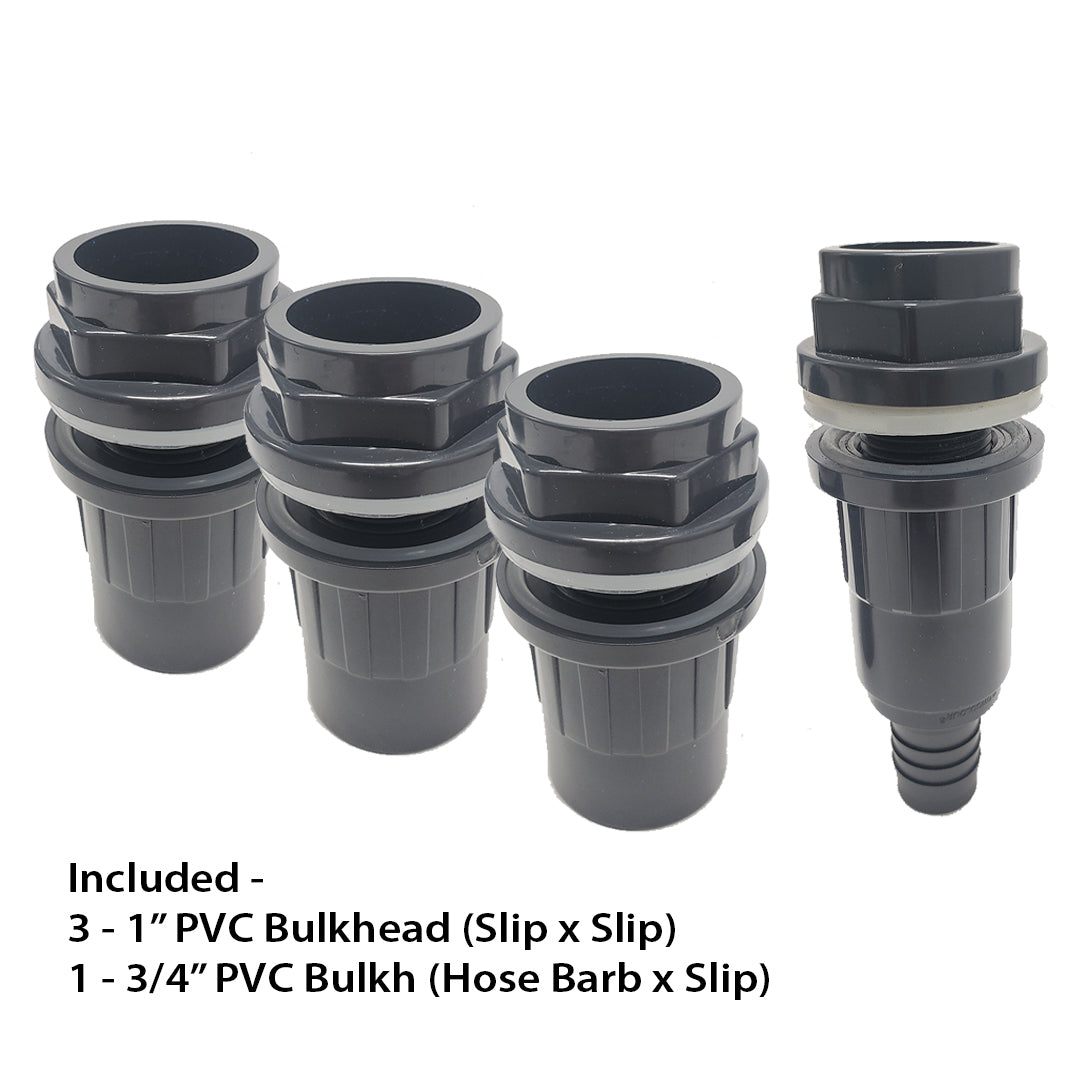 Four black PVC bulkhead fittings are neatly arranged: three 1-inch Slip x Slip and one 3/4-inch Hose Barb x Slip, ideal for your Innovative Marine - INT 200 Gallon Complete Reef System.