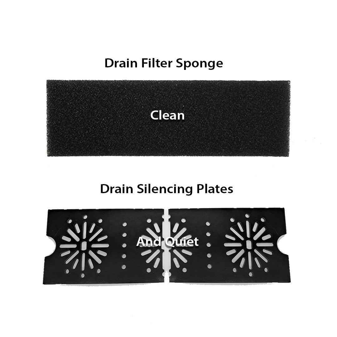 The image shows a black drain filter sponge marked Clean and black drain silencing plates labeled And Quiet, perfect for enhancing tranquility in an Innovative Marine INT 170 Gallon Complete Reef System on a white background, ideal for your saltwater aquarium.