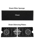 The image shows a black drain filter sponge marked Clean and black drain silencing plates labeled And Quiet, perfect for enhancing tranquility in an Innovative Marine INT 170 Gallon Complete Reef System on a white background, ideal for your saltwater aquarium.