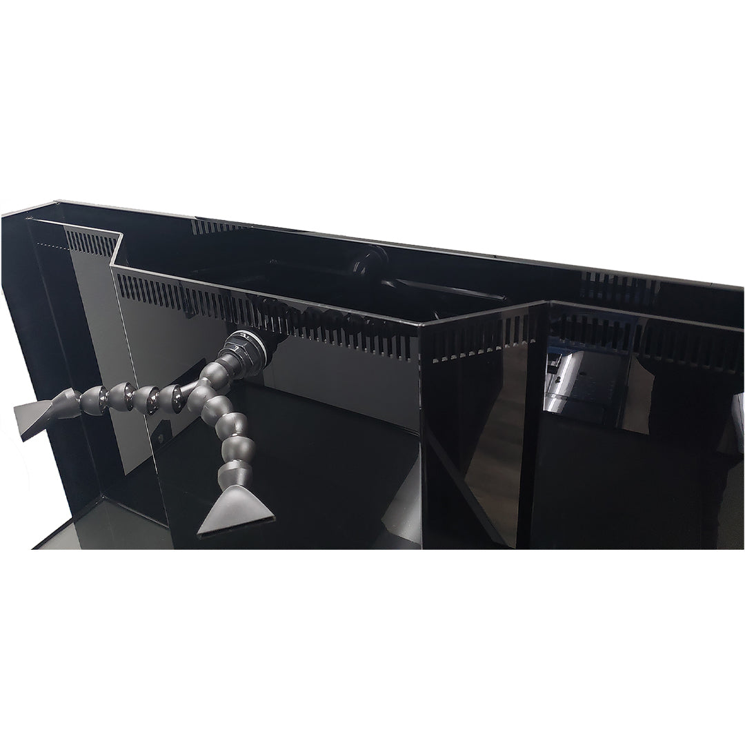 The Innovative Marine INT 170 Gallon Complete Reef System in black is a sleek acrylic saltwater aquarium sump with segmented sections, flexible hose attachment, angled nozzles for adjustable flow, and a polished finish for efficient water filtration.