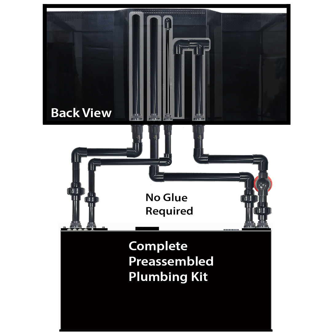 The diagram of the Innovative Marine - INT 170 Gallon Complete Reef System shows a back view of interconnected pipes for a saltwater aquarium. Its preassembled, requiring no glue, and features multiple vertical and horizontal pipes with connectors.