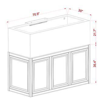 Line drawing of a rectangular vanity, 70.9 W x 21.7 D x 35.4 H, complements an Aquarium Stand with three paneled cabinet doors below a basin, seamlessly integrating with the Innovative Marine -INT 200 Gallon Complete Reef System (Made to Order).