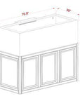 Line drawing of a rectangular vanity, 70.9 W x 21.7 D x 35.4 H, complements an Aquarium Stand with three paneled cabinet doors below a basin, seamlessly integrating with the Innovative Marine -INT 200 Gallon Complete Reef System (Made to Order).