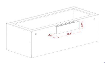 A line drawing of the Innovative Marine 200 Gallon Complete Reef System stand shows a rectangular box with a front recess, measuring 23.6 wide, 3.5 high on the recess, and 5.9 vertical outside—perfect for showcasing your saltwater reef system with small circles on its longer sides.