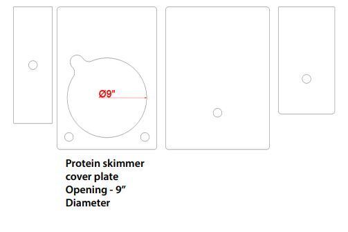 Diagram of an Innovative Marine -INT 200 Gallon Complete Reef System cover plate, featuring a circular opening labeled Ø9 Diameter, ideal for your saltwater reef setup.