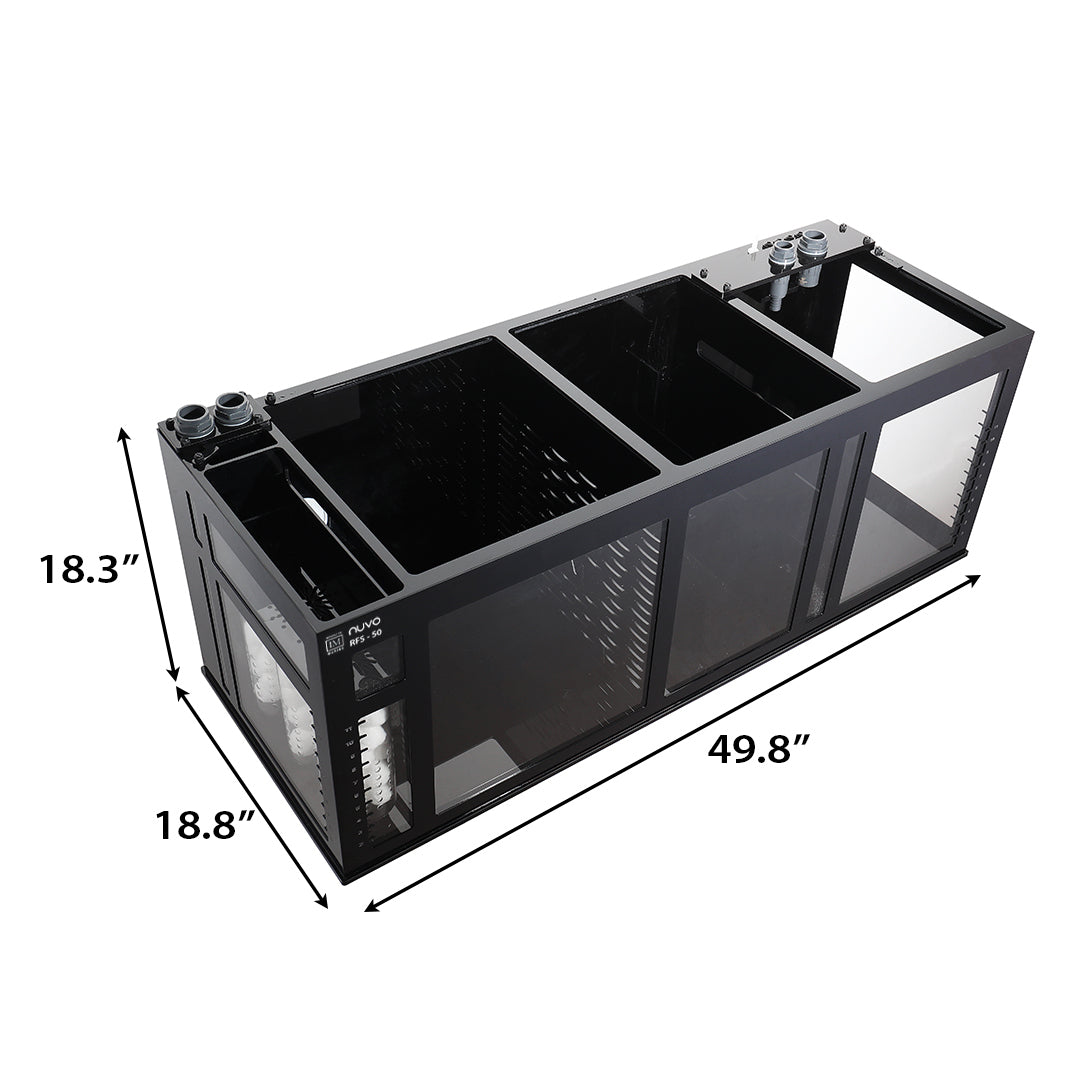 The Innovative Marine -INT 200 Gallon Complete Reef System features a rectangular black aquarium sump with transparent panels and compartments for your saltwater reef, measuring 49.8L x 18.8W x 18.3H, plus two pipe fittings on top.