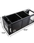 The Innovative Marine -INT 200 Gallon Complete Reef System features a rectangular black aquarium sump with transparent panels and compartments for your saltwater reef, measuring 49.8L x 18.8W x 18.3H, plus two pipe fittings on top.