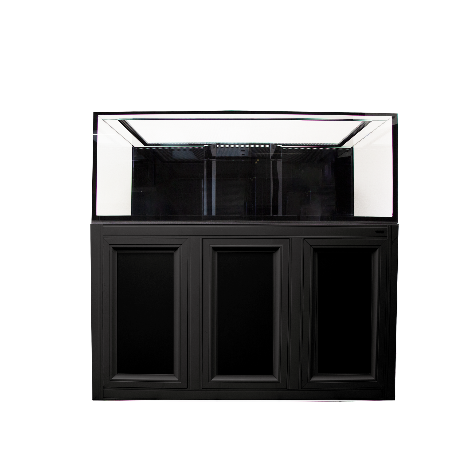 The Innovative Marine INT 170 Gallon Complete Reef System features a large, rectangular aquarium with transparent sides and a black back panel. It sits atop a sleek black cabinet with three doors, offering a modern aesthetic ideal for saltwater reefs.