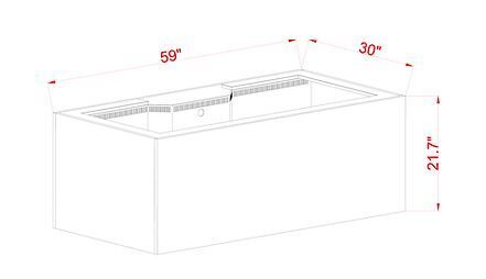 Line drawing of a 59x30x21.7 inch rectangular bathtub, perfect for placing beneath the Innovative Marine INT 170 Gallon Complete Reef System in Black with an acrylic sump.