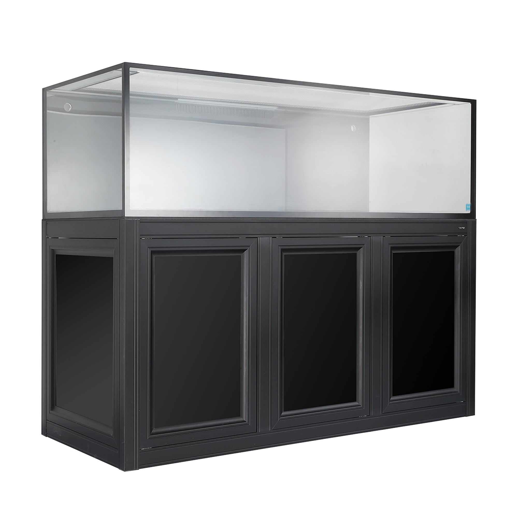 The Innovative Marine -INT 200 Gallon Complete Reef System features a large glass aquarium on a stylish stand with paneled doors, offering potential for a saltwater reef setup and providing a solid base.