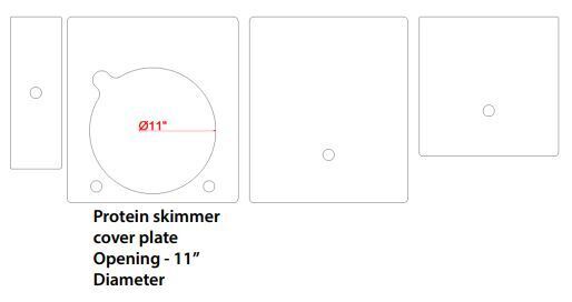 Diagram shows three rectangular components for a protein skimmer cover plate in an acrylic sump. The first has an Ø11 opening. The others have small centered circles. Suitable for the Innovative Marine - INT 170 Gallon - Complete Reef System – Black with text: Ø11” Protein Skimmer Cover Plate.