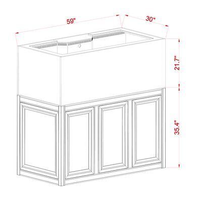 A technical drawing of the Innovative Marine INT 170 Gallon Complete Reef System showcases a cabinet with decorative front paneling, designed to fit a 170-gallon aquarium. Its ideally suited for a saltwater reef system or acrylic sump setup, with dimensions: height 35.4, width 59, depth 30.