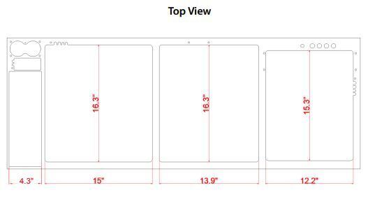 Top view layout design featuring three rectangular sections for the Innovative Marine INT 170 Gallon Complete Reef System. Dimensions: 4.3, 15, and 16.3. Includes circular components and wavy lines, ideal for an acrylic sump in a saltwater reef system.