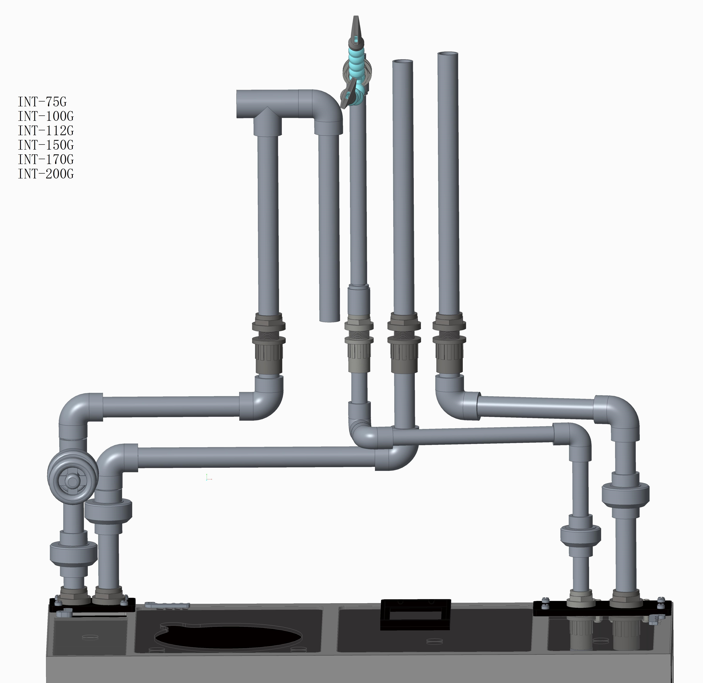 Diagram of a plumbing system with grey pipes above a black base for the Innovative Marine - INT 170 Gallon - Complete Reef System. Labels on the left indicate capacities: 75G, 100G, 112G, 150G, and 200G. Designed for use with an Acrylic Sump or to enhance your Saltwater Reef System.