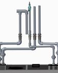 Diagram of a plumbing system with grey pipes above a black base for the Innovative Marine - INT 170 Gallon - Complete Reef System. Labels on the left indicate capacities: 75G, 100G, 112G, 150G, and 200G. Designed for use with an Acrylic Sump or to enhance your Saltwater Reef System.