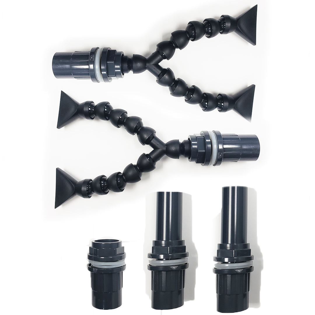 Image of two black, Y-shaped flexible tubing assemblies with adjustable joints, ideal for a Bean Animal drain system. Three ribbed connectors below could enhance an APS Stand setup. Components rest against a white backdrop. Product: Innovative Marine - EXT 170 Aquarium w/ APS Stand (Made to Order).