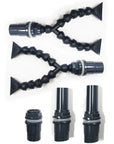 Image of two black, Y-shaped flexible tubing assemblies with adjustable joints, ideal for a Bean Animal drain system. Three ribbed connectors below could enhance an APS Stand setup. Components rest against a white backdrop. Product: Innovative Marine - EXT 170 Aquarium w/ APS Stand (Made to Order).