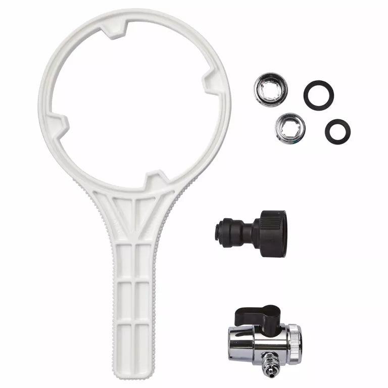 The components for the Bulk Reef Supply - RODI System - 4 Stage Value - 75 GPD, including a white plastic wrench, small chrome valve, black plastic fitting, two black O-rings, and two metal washers, are set on a white background to showcase typical Reverse Osmosis system parts like Mur-lok Push Connect fittings.