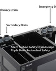 Image of the Innovative Marine - INT 170 Gallon - Complete Reef System – Black, highlighting the Silent Siphon safety drain design with labeled components: Primary Drain, Secondary Drain, and Emergency Drain. Triple Drain Redundant Safety text ensures reliability in your saltwater reef setup.