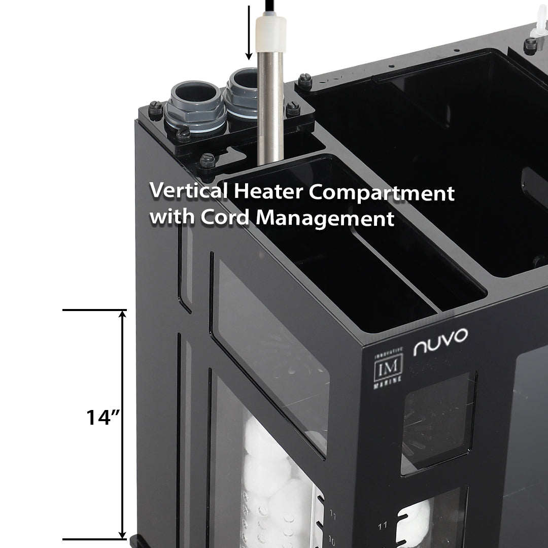 A close-up of the Innovative Marine -INT 200 Gallon Complete Reef System shows its vertical heater compartment for saltwater reefs, with efficient cord management. Its height is indicated as 14 inches by a ruler.