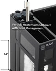 A close-up of the Innovative Marine -INT 200 Gallon Complete Reef System shows its vertical heater compartment for saltwater reefs, with efficient cord management. Its height is indicated as 14 inches by a ruler.