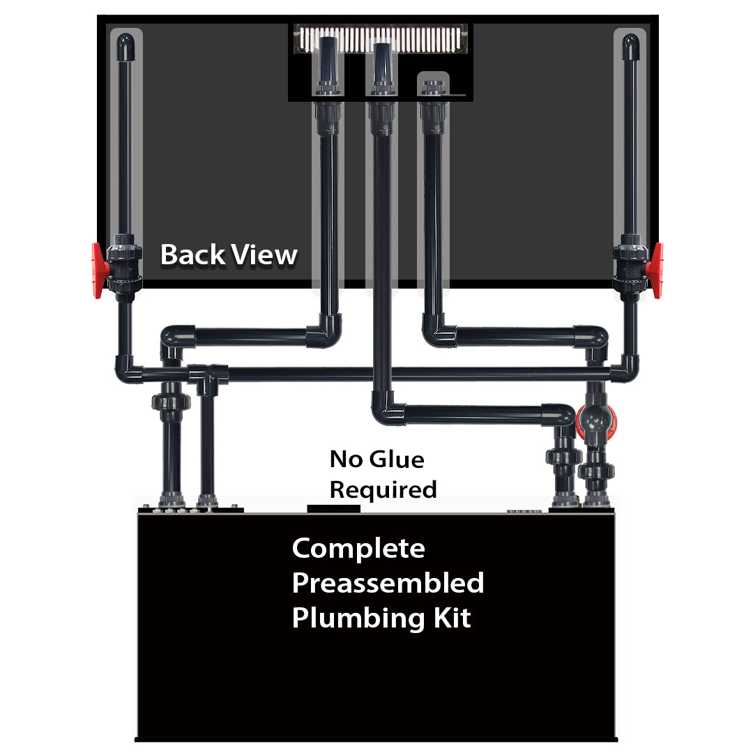 The Innovative Marine -INT 200 Gallon Complete Reef System diagram features a preassembled plumbing kit ideal for aquarium stands, showcasing seamless black pipes between Back View and Complete Preassembled Plumbing Kit. Its perfect for Innovative Marine setups with No Glue Required.