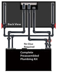 The Innovative Marine -INT 200 Gallon Complete Reef System diagram features a preassembled plumbing kit ideal for aquarium stands, showcasing seamless black pipes between Back View and Complete Preassembled Plumbing Kit. Its perfect for Innovative Marine setups with No Glue Required.