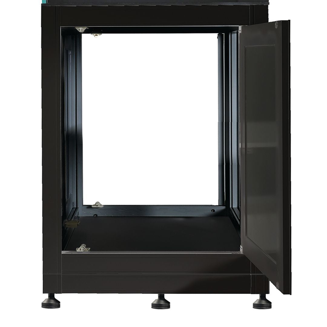 An empty, black metal cabinet with adjustable feet stands open against a plain white background, revealing a spacious interior ideal for an Innovative Marine - EXT 200 Peninsula Aquarium w/ APS Stand (Made to Order), perfect for showcasing your reef system.