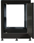 An empty, black metal cabinet with adjustable feet stands open against a plain white background, revealing a spacious interior ideal for an Innovative Marine - EXT 200 Peninsula Aquarium w/ APS Stand (Made to Order), perfect for showcasing your reef system.