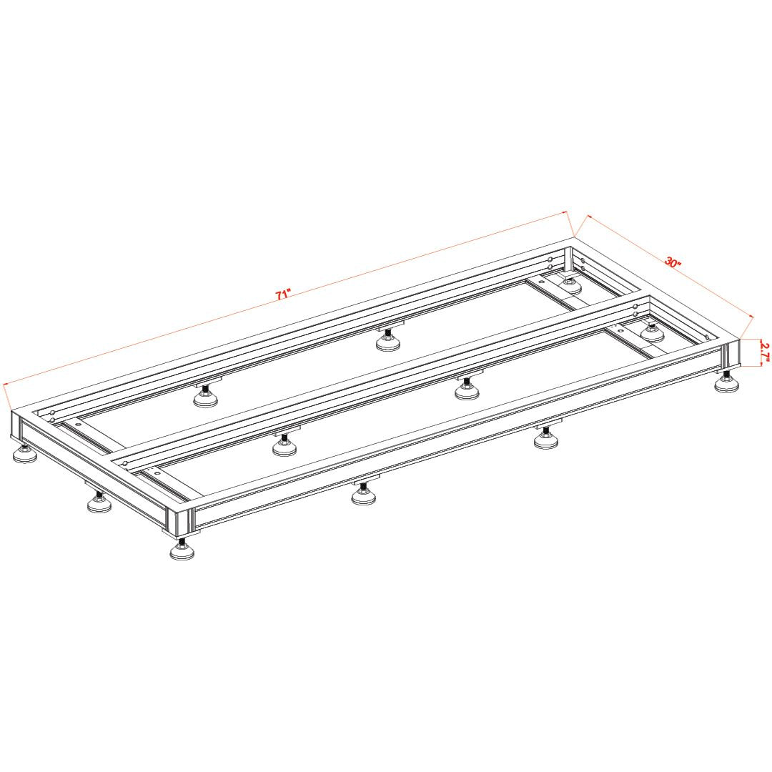 Isometric technical drawing of a marine aquarium stand with a 71x30x11 rectangular metal frame, adjustable feet, and horizontal support bars, designed for the Innovative Marine - INT 200 Gallon Complete Reef System (Made to Order).