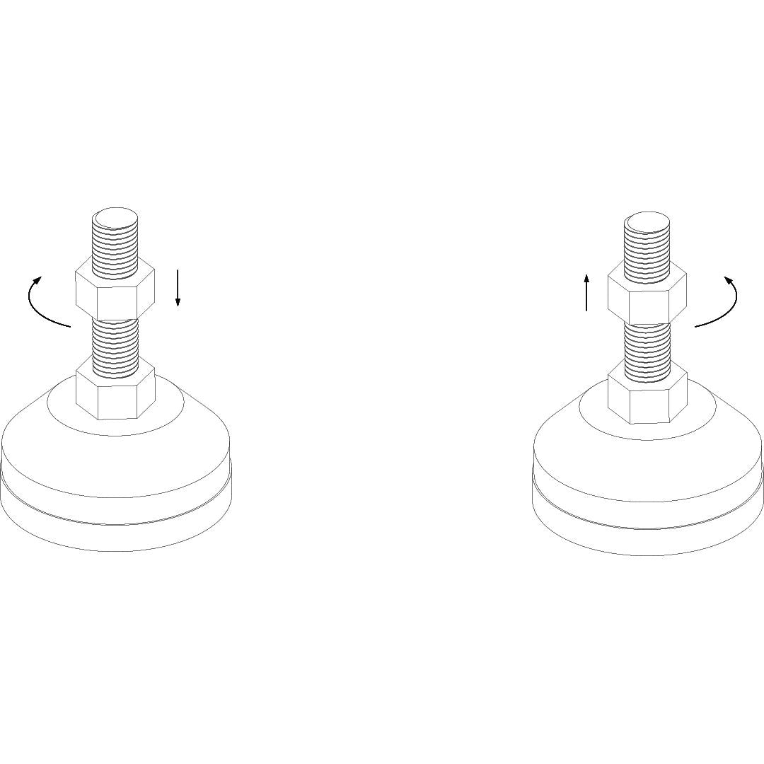 Illustration of two adjustable leveling feet, perfect for the Innovative Marine INT 200 Gallon Complete Reef System. Features threaded bolts and nuts with curved arrows for height adjustment, ensuring stability in your aquarium setup.