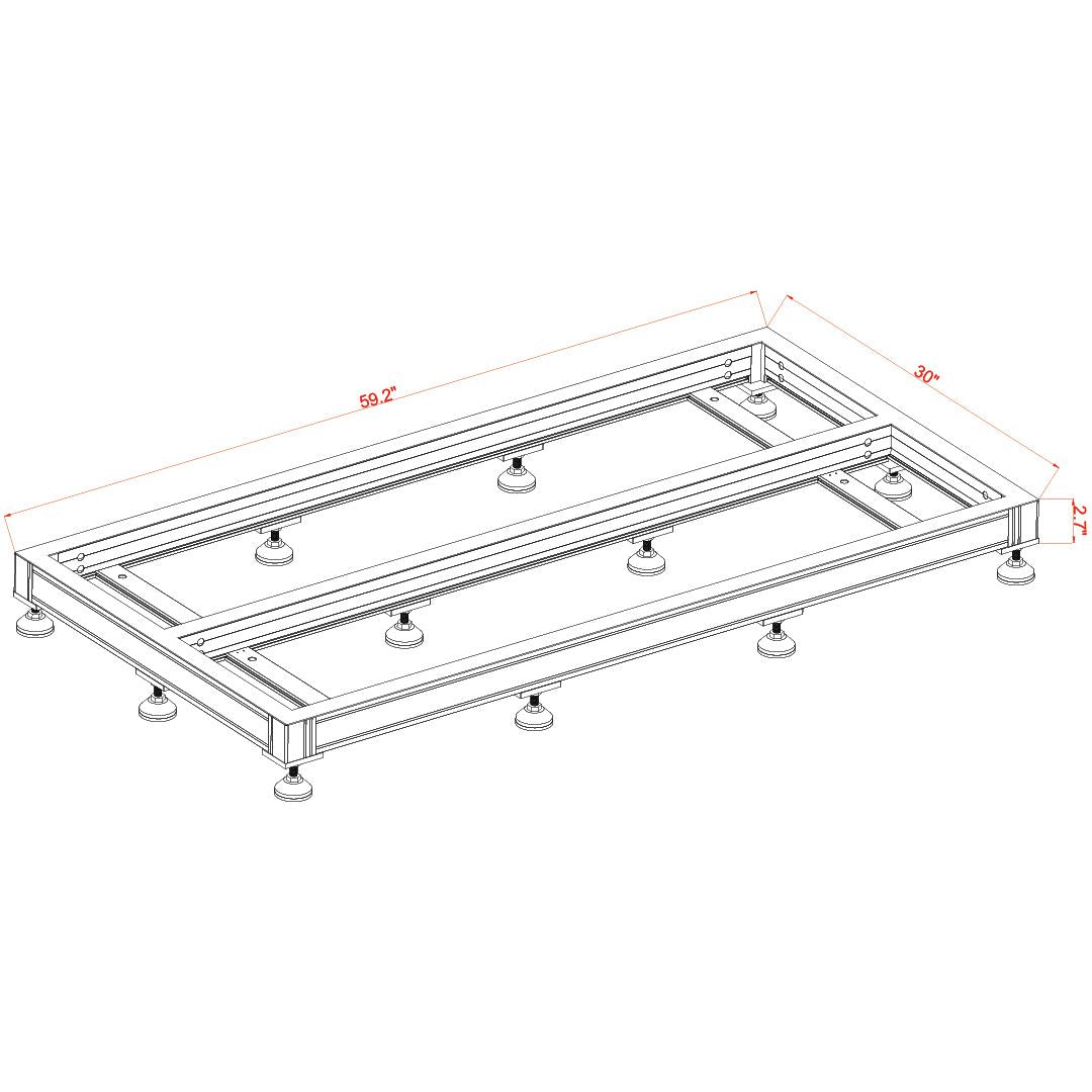 A line drawing depicts a rectangular frame with adjustable feet, built to support the Innovative Marine - INT 170 Gallon - Complete Reef System – Black. Dimensions are 30 W x 59.2 L x 12 H, ideal for a saltwater reef setup or holding an acrylic sump.