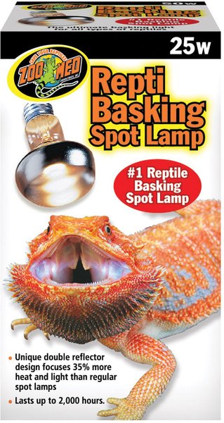 Image of a ZooMed - ReptiBasking Spot Lamp 25w box. The packaging displays a bearded dragon with its mouth open, highlighting the lamp as 25 watts. It promotes 35% more heat and light with a lifespan of up to 2,000 hours.