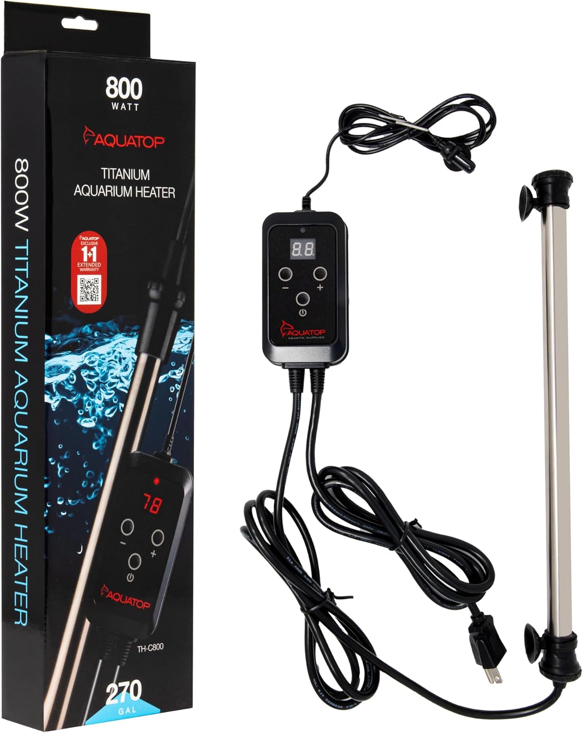 The Aquatop 800 Watt Titanium Submersible Aquarium Heater, designed for tanks up to 270 gallons, includes a digital display and temperature probe for precise control. Its durable heating element ensures reliability, with black power cords attached.