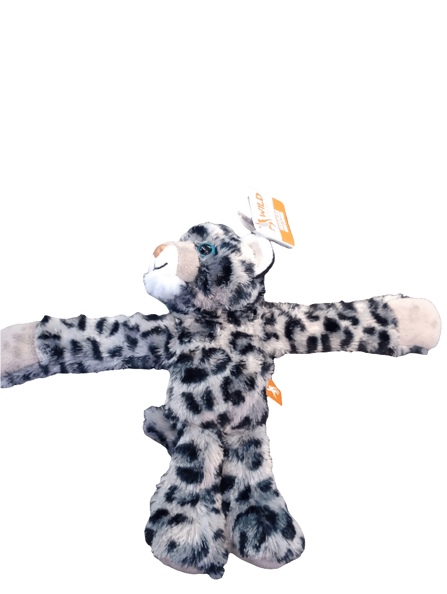 A plush "8\" Plush Huggers" toy mimicking a snow leopard with outstretched arms, featuring a spotted pattern, blue eyes, and a small golden nose. A tag is attached to one ear against a white background.