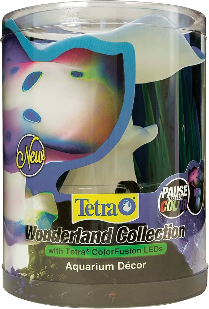 Packaging for Tetra - Wonderland Collection RGB Mushroom w/ ColorFusion LEDs, highlighting its multicolored LED features like Pause to Select Color and showcasing vibrant underwater décor.