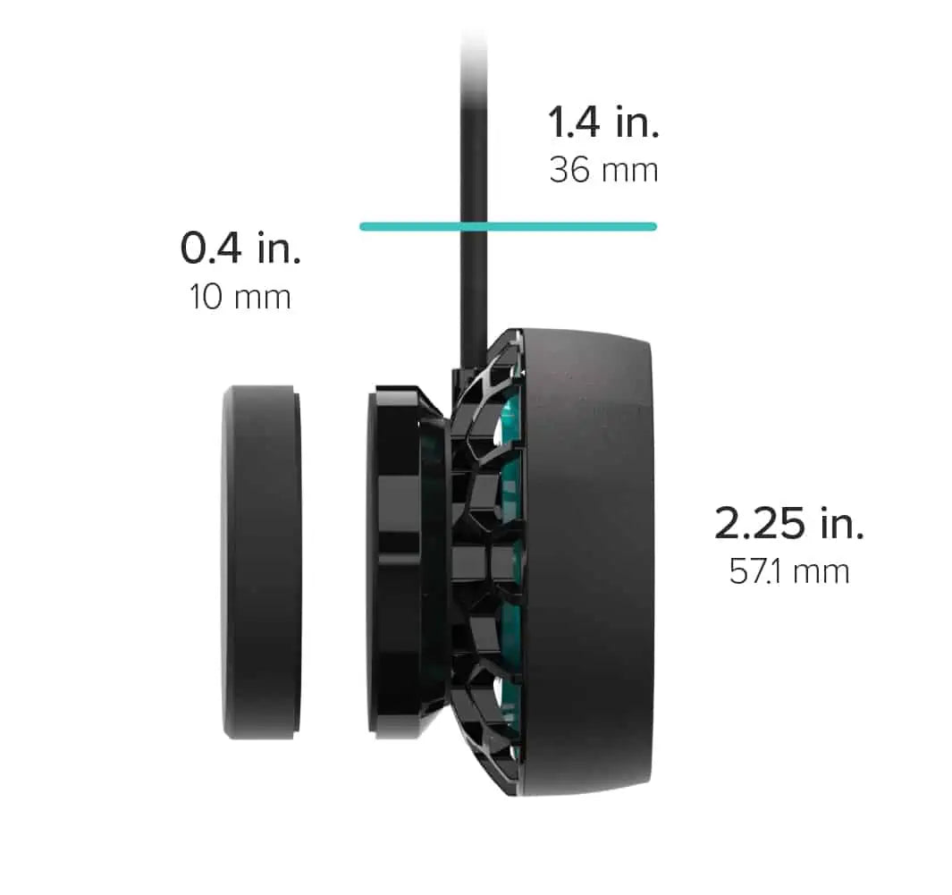 Side view of the AI - Nero 3 - Submersible Pump with dimensions. The base is 0.4 inches (10 mm) thick, the body is 1.4 inches (36 mm), and the total depth with phone attached is 2.25 inches (57.1 mm). Ideal for those who value precision and compact design in modern tech accessories.