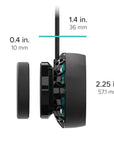 Side view of the AI - Nero 3 - Submersible Pump with dimensions. The base is 0.4 inches (10 mm) thick, the body is 1.4 inches (36 mm), and the total depth with phone attached is 2.25 inches (57.1 mm). Ideal for those who value precision and compact design in modern tech accessories.