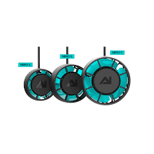 The AI - Nero 3 - Submersible Pump series features three circular cooling devices with teal blades in increasing sizes: the models NR10 S, NR10 5, and NR10 T. Each device includes a black center displaying a logo and casing. Intended for different recommended tank sizes, the pumps are equipped with cables attached at the top.