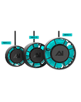 The AI - Nero 3 - Submersible Pump series features three circular cooling devices with teal blades in increasing sizes: the models NR10 S, NR10 5, and NR10 T. Each device includes a black center displaying a logo and casing. Intended for different recommended tank sizes, the pumps are equipped with cables attached at the top.