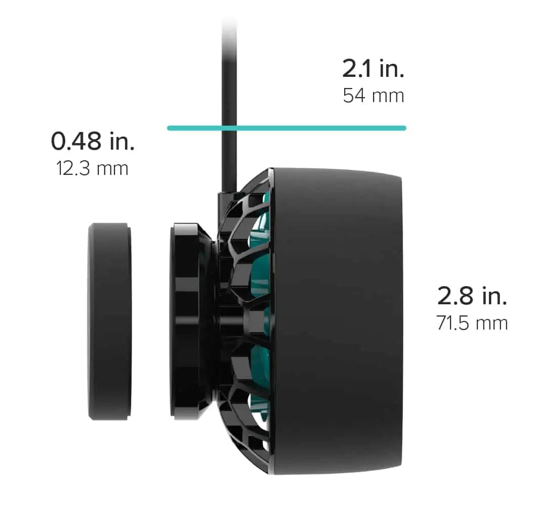 Side view of the AI - Nero 5 black cooling fan with dimensions labeled: height 2.1 inches (54 mm), depth 2.8 inches (71.5 mm), and thickness 0.48 inches (12.3 mm). This cylindrical design features visible blades for optimal flow rate efficiency, characteristic of the AI - Nero 5 Submersible Pump.